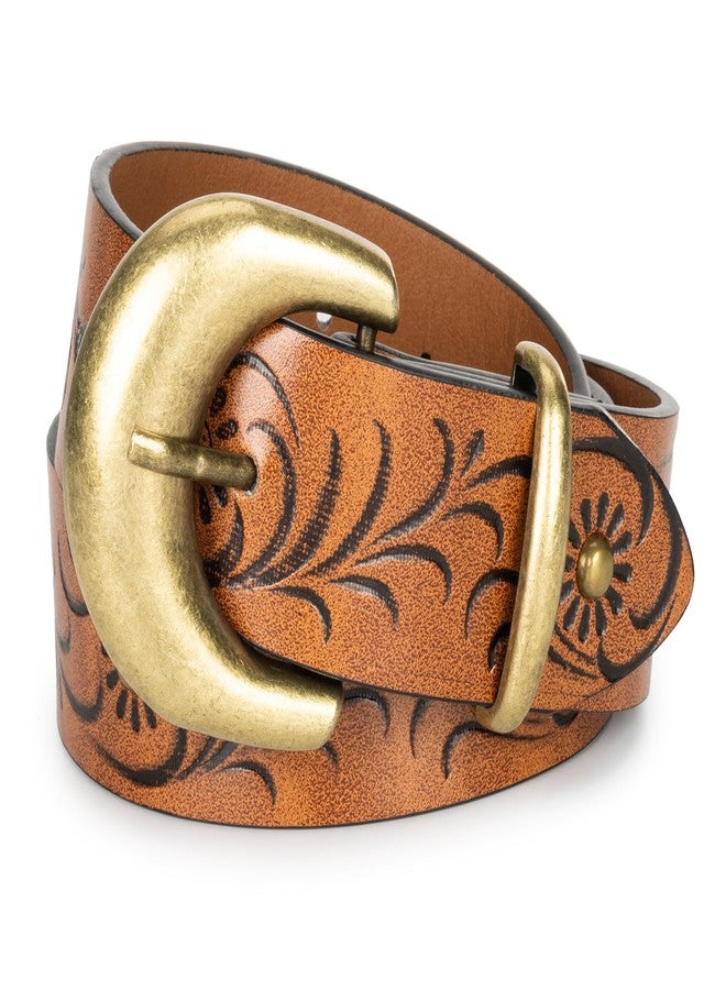 XuoAz Women Leather Belt for Jeans Pants Western Cowboy Cowgirl Belt Embossed Floral Country Belts with Gold Buckle - Image 1